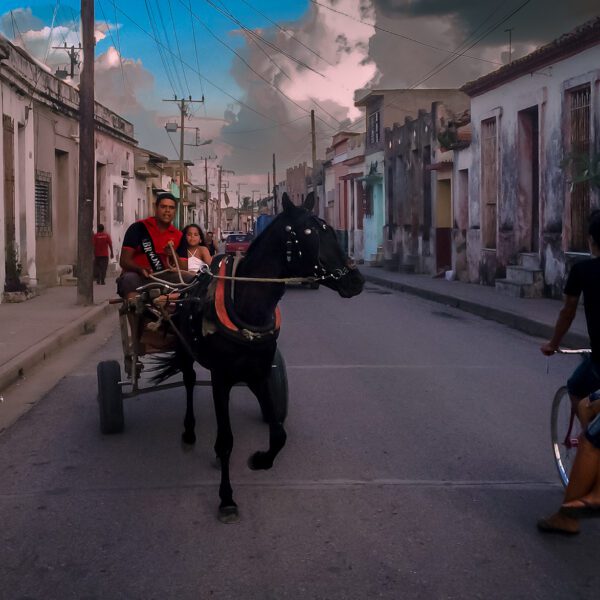 A horse pulling a Cuba down a street.