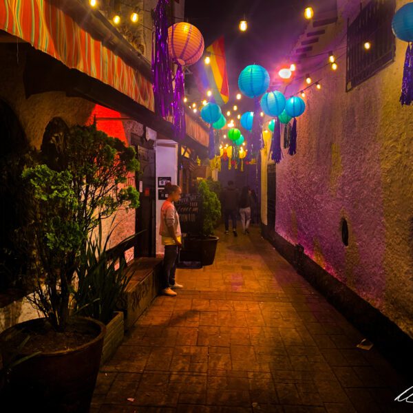 A narrow alley with Colombia lights hanging from the ceiling.
